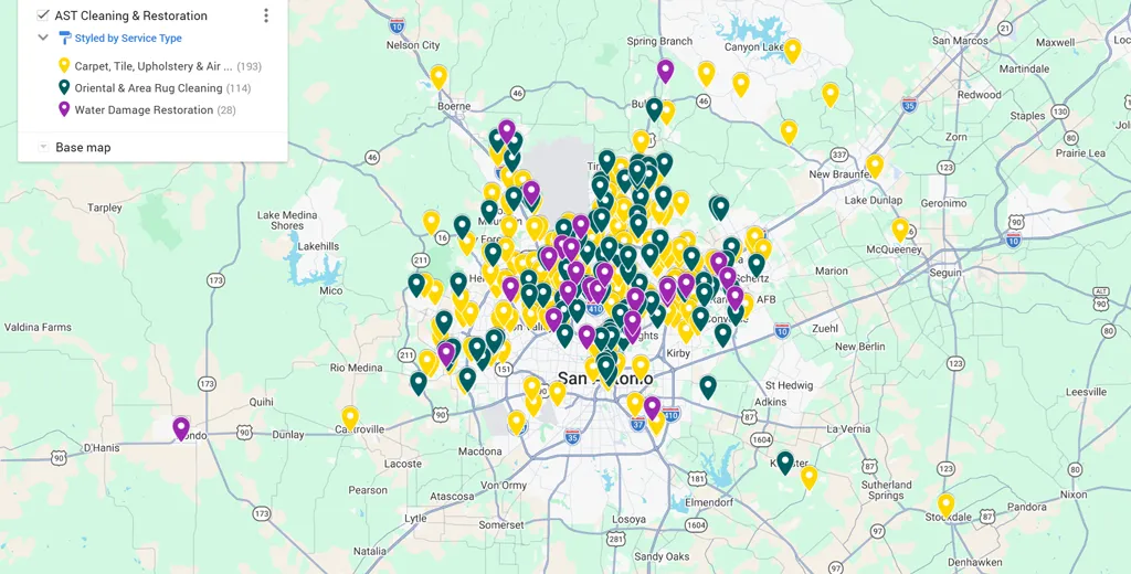 Interactive map of AST completed job locations across San Antonio